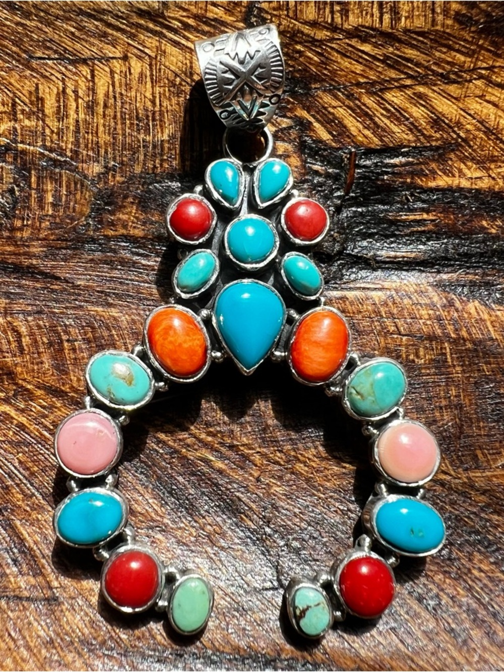 Multi Stone Naja Pendant Kingman Turquoise Coral Sterling Silver
